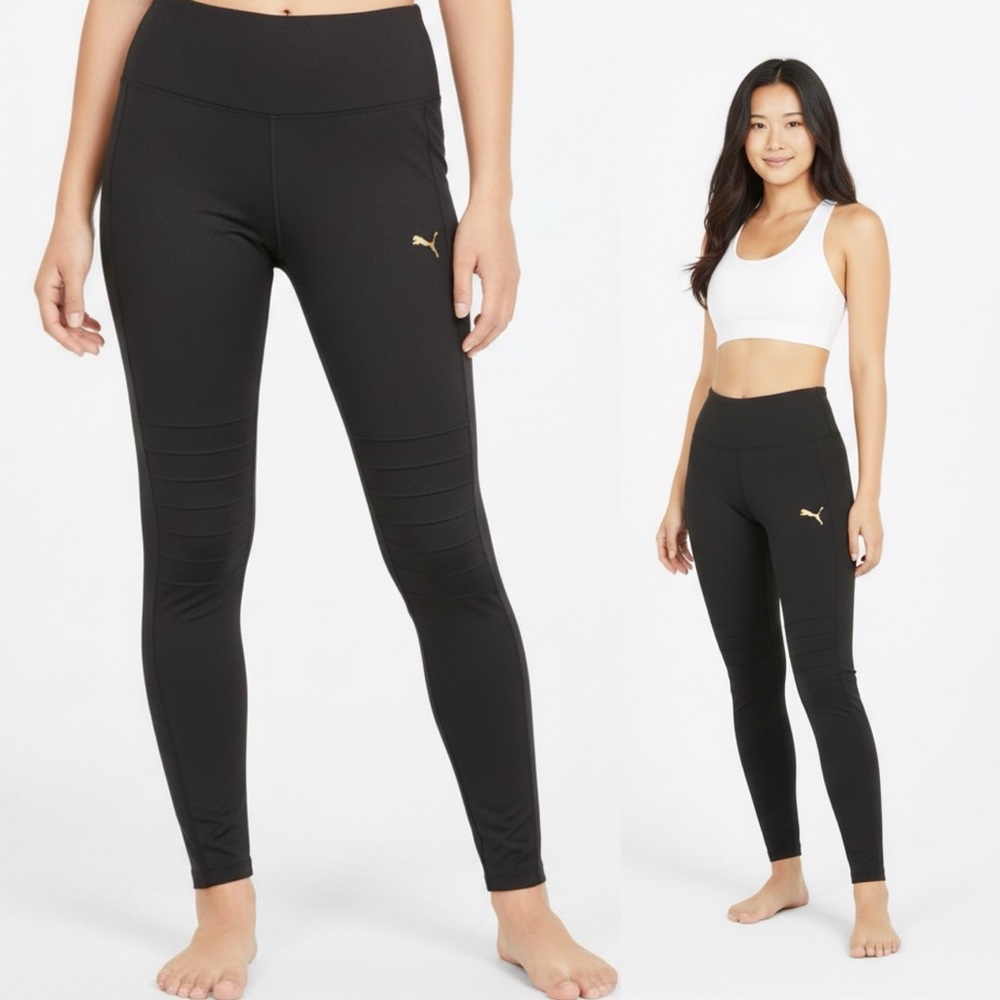 Puma Black high-waisted leggings w/gold logo and moto-style ribbed knee detail